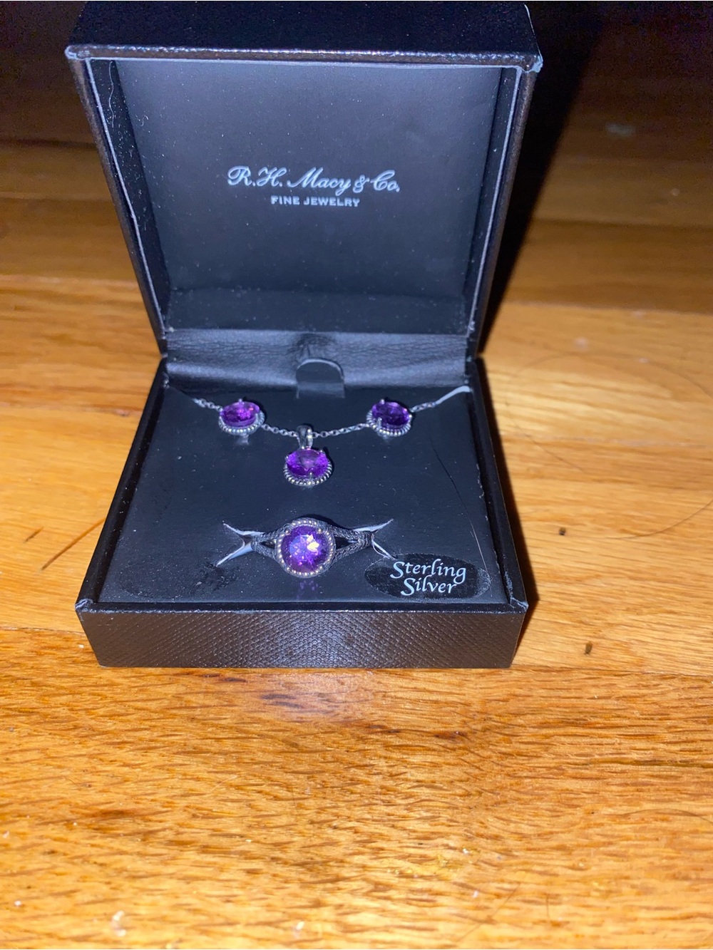 Sterling Silver Purple Gem Ear Ring, Necklace and Ring Set